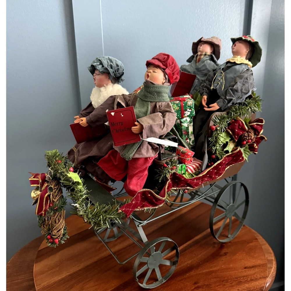 Vintage Handcrafted Fabric Mache Carolers on Wagon Victorian Christmas Decor 18"